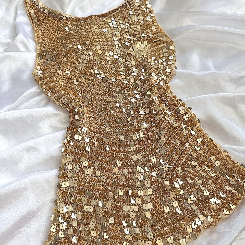 Vintage Gold Sequin Crochet Tank Top Sleeveless Metallic Party Disco Shirt